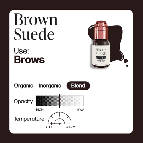 Brown Suede Perma Blend Luxe 15ml, ficha técnica pigmento híbrido para cejas opacidad media temperatura fría