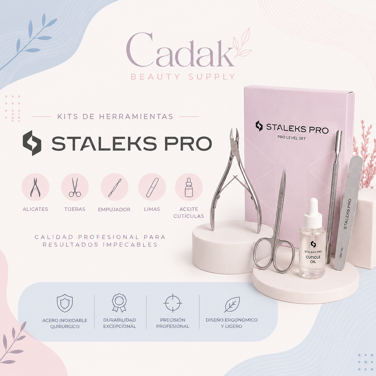 conjunto de herramientas y utensilios de manicura y pedicura en un kit en caja elegante tonos rosa y azul cadak