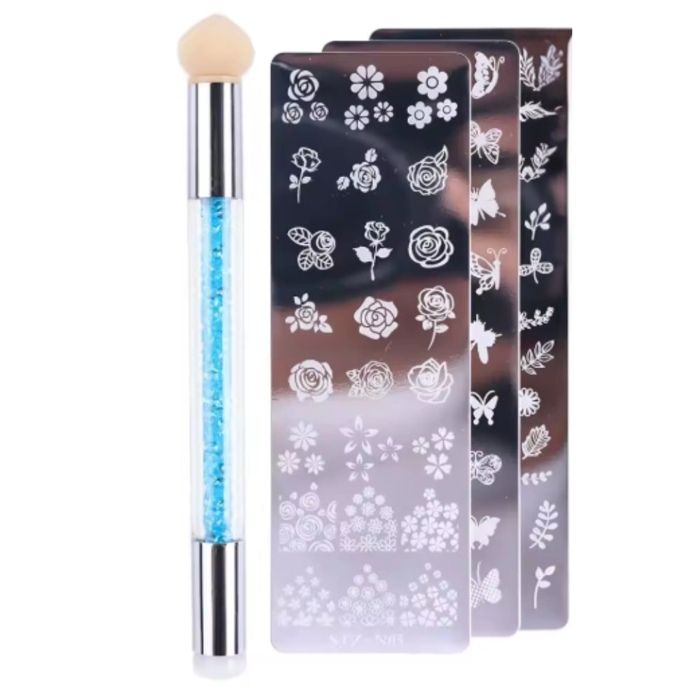 Doble pincel estampador placa nail art decoración uñas diseños profesionales, kit completo estampado, CADAK Beauty Alicante