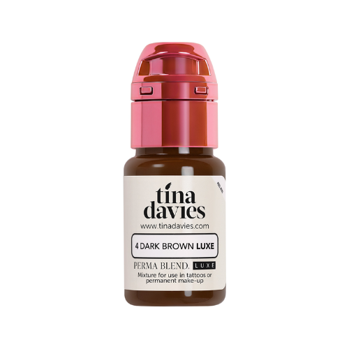 Dark Brown Tina Davies Perma Blend Luxe 15ml, bote pigmento marrón oscuro neutro-cálido para micropigmentación de cejas PMU
