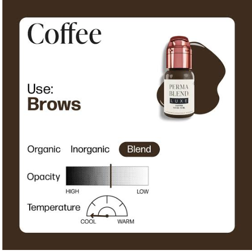 Coffee Perma Blend Luxe 15ml, ficha técnica pigmento híbrido para cejas opacidad media tono marrón frío