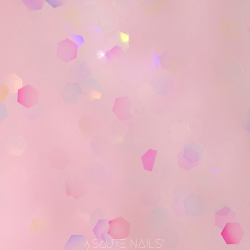 Base híbrida Aura Luna Saute Nails 8ml con acabado rosa lechoso y destellos holográficos