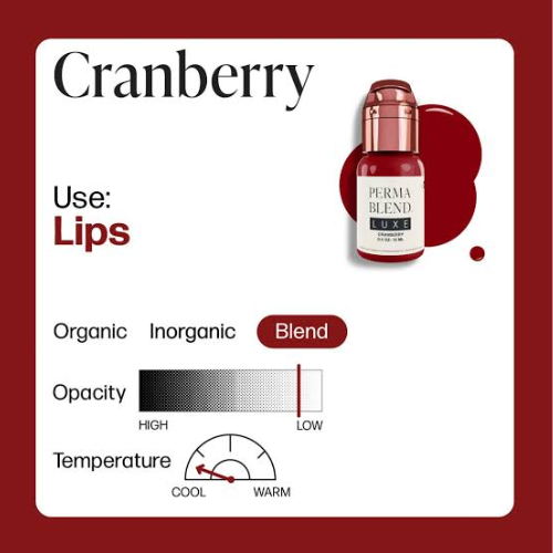 Cranberry Perma Blend Luxe 15ml, ficha técnica pigmento híbrido para labios opacidad ligera