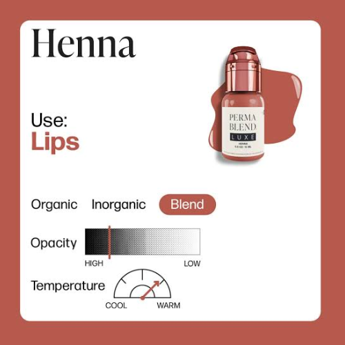 Henna Perma Blend Luxe 15ml, ficha técnica pigmento híbrido para labios opacidad alta tono terracota