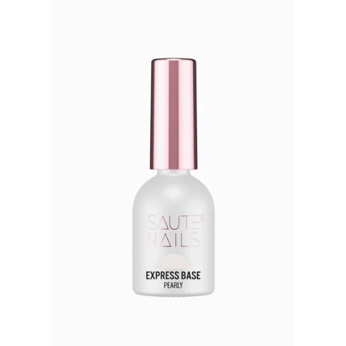 Bote de base rubber para uñas Express Base Pearly de Saute Nails 8 ml con tapón rosa metalizado