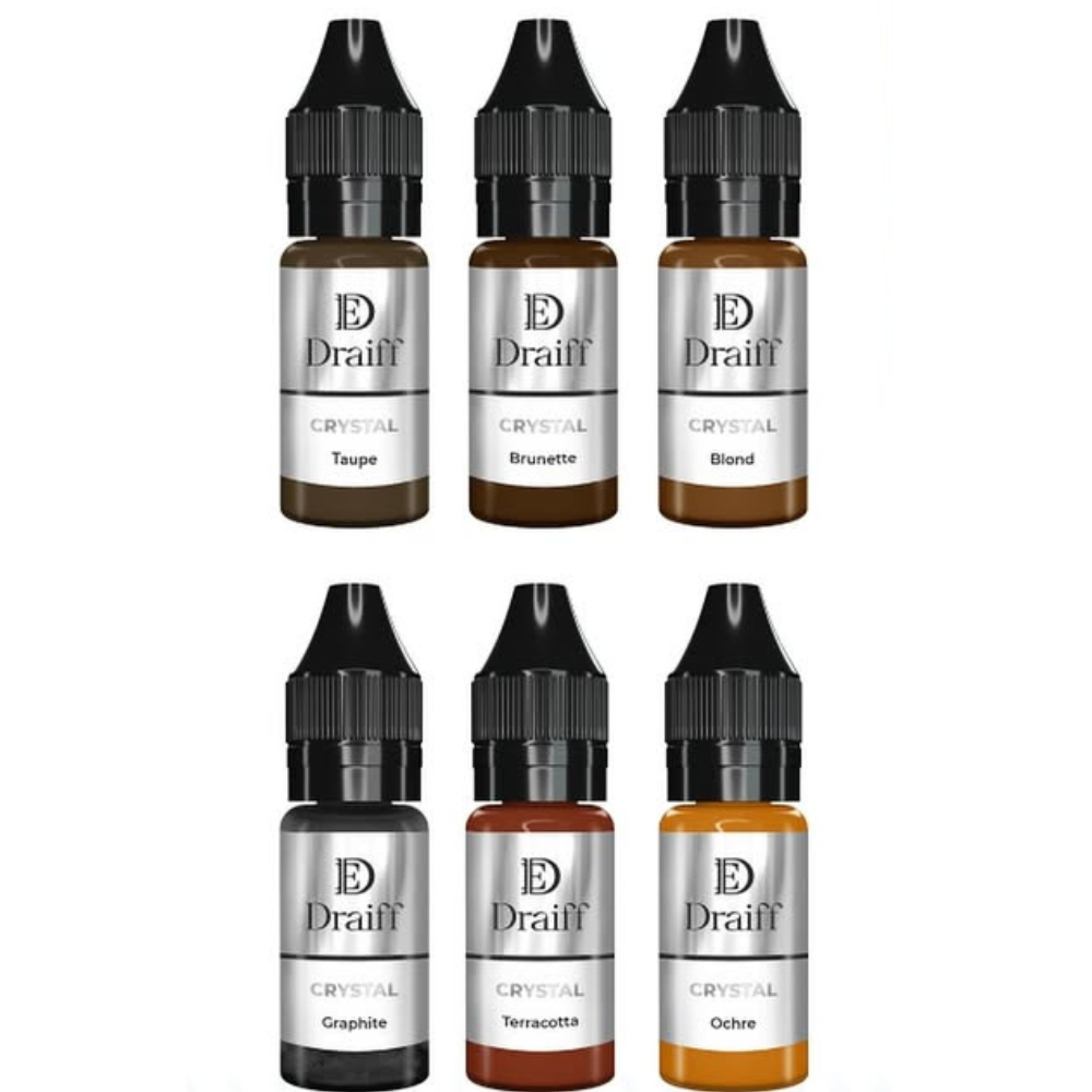 Set Crystal de la marca Draif. Pigmentos minerales/inorgánicos para todo tipo de pieles en micropigmentación de cejas.