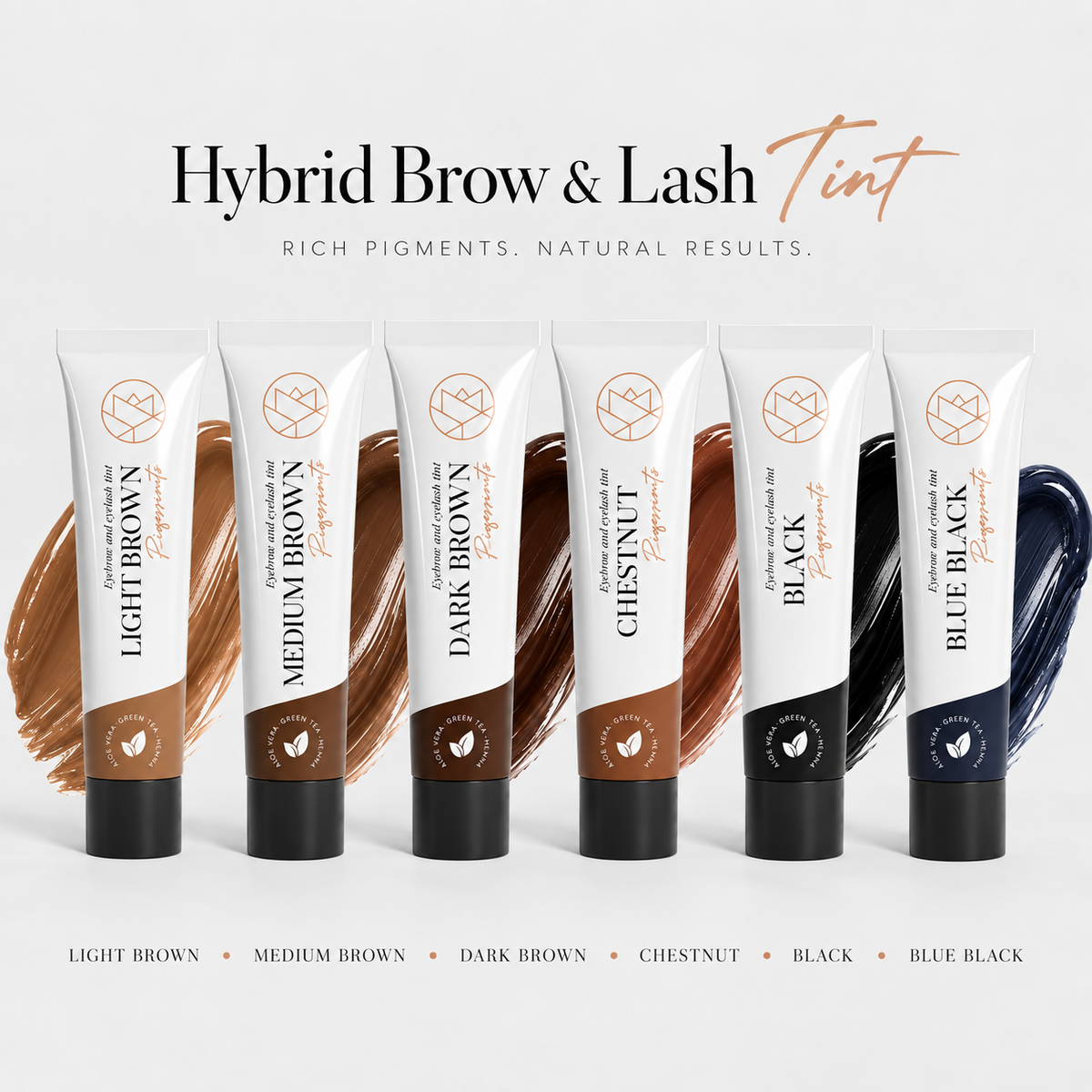 Tinte híbrido PE Cosmetics 15ml, colección completa 6 tonos para cejas y pestañas negro, negro azulado, castaño, marrón claro, medio y oscuro