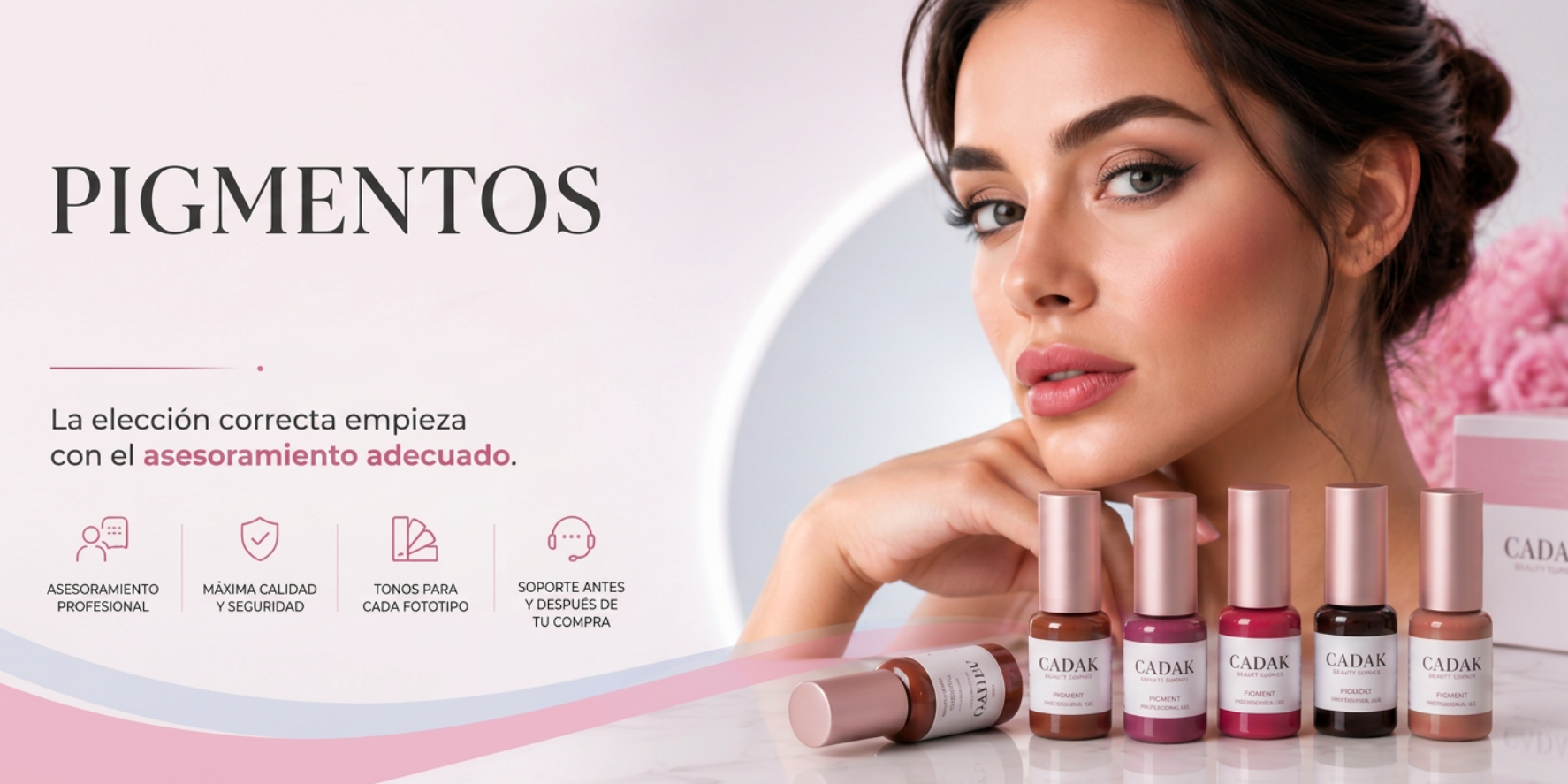 imagen mostrando  una mujer con  cejas ojos y labios micropigmentados una serie de botes de pigmentos de colores con el logotipo de cadak beauty supply y las ventajas de comprar en cadak por el asesoramiento que se da