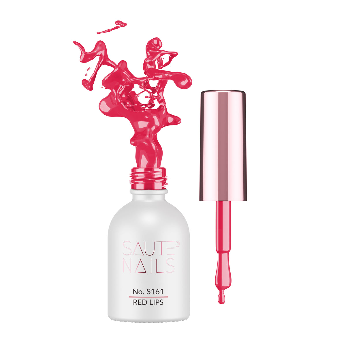 Bote de esmalte semipermanente Red Lips S161 de Saute Nails, con pincel y muestra de color rojo