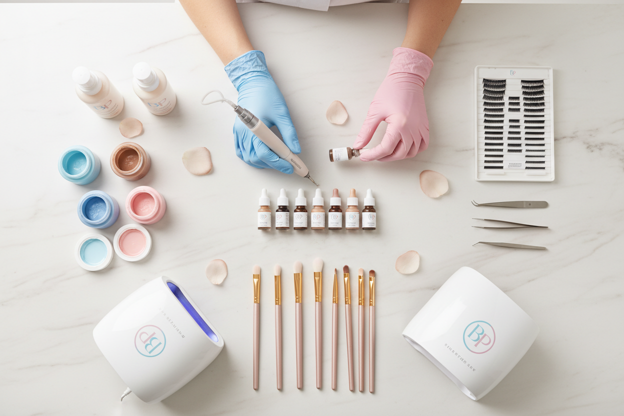 profesional estetica en una mesa con productos y aparatologia para estetica micropigmentación, manicura, pestañas