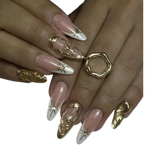 Manicura con detalles en gel dorado 3D